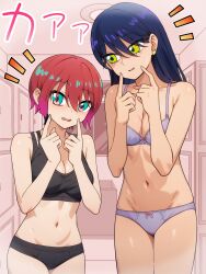 2girls amate_yuzuriha aqua_eyes bare_shoulders black_bra black_panties bow bow_bra bow_panties bra breasts commentary_request dark-skinned_female dark_skin gundam gundam_gquuuuuux hair_between_eyes highres long_hair medium_breasts multiple_girls navel nervous_smile nyaan_(gundam_gquuuuuux) open_mouth panties purple_bra purple_panties red_hair ryuhirohumi short_hair smile underwear yellow_eyes