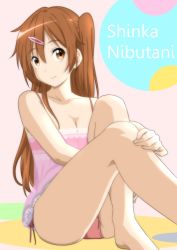 10s 1girl barefoot breasts brown_eyes brown_hair character_name chuunibyou_demo_koi_ga_shitai! cleavage female_focus hair_ornament hairclip long_hair nibutani_shinka oku_no_shi panties side_ponytail solo underwear
