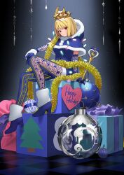 1girl ahoge arcueid_brunestud arm_at_side arm_support black_background blonde_hair blue_boots blue_capelet blue_dress blue_gloves blue_pantyhose blue_santa_costume boots box breasts capelet christmas christmas_ornaments closed_mouth crown dress english_text fate/grand_order fate_(series) fur-trimmed_boots fur-trimmed_capelet fur-trimmed_dress fur-trimmed_gloves fur_trim game_cg garland_(decoration) gift gift_box gloves hand_on_own_knee happy_holidays heart high_heel_boots high_heels hood hood_down hooded_capelet lace light_particles looking_at_viewer medium_breasts official_art pantyhose phantas-moon phantas-moon_(third_ascension) pom_pom_(clothes) red_eyes santa_costume short_dress short_hair sitting smile solo star_(symbol) takenashi_eri third-party_source variant_set