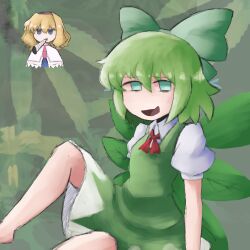 2girls absurdres alice_margatroid alternate_color bad_id bad_twitter_id blonde_hair blue_eyes bow bowtie cirno collared_shirt commentary dress english_commentary green_bow green_dress green_eyes green_hair green_wings hair_between_eyes hapa_cirno highres iesonatana looking_at_viewer marijuana multiple_girls no_pupils open_mouth red_bow red_bowtie shirt short_hair sitting smile smoking touhou white_shirt wings