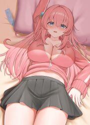 1girl absurdres black_skirt blue_eyes blush bocchi_the_rock! breasts cleavage collarbone commentary_request condom condom_packet_strip condom_wrapper cube_hair_ornament gotoh_hitori hair_ornament highres long_hair lying midriff_peek navel on_back on_bed open_mouth pillow pink_hair pink_sweater pleated_skirt side_ahoge skirt solo su_su_su sweater thighs zipper_pull_tab