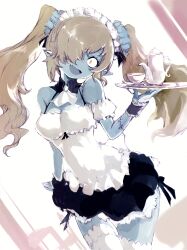 1girl black_wrist_cuffs blonde_hair blue_skin breasts cleavage colored_skin commentary cup detached_collar disgaea eyelashes fang hair_over_one_eye highres kakuwashi long_hair looking_at_viewer maid maid_(disgaea) maid_headdress makai_senki_disgaea makai_senki_disgaea_5 medium_breasts open_mouth pointy_ears skirt smile solo standing stitches teacup teapot thighhighs twintails white_background white_thighhighs wide-eyed wrist_cuffs yellow_eyes zettai_ryouiki zombie