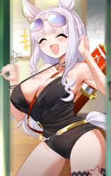 1girl :d ^_^ absurdres animal_ears belt black_one-piece_swimsuit blush breasts cleavage closed_eyes commentary_request eyewear_on_head gold_ship_(run_revolt_launcher)_(umamusume) gold_ship_(umamusume) highres horse_ears horse_tail long_hair maou_(maoudaisukiya) official_alternate_costume one-piece_swimsuit open_mouth scroll_tube smile solo sunglasses swimsuit tail thighs umamusume white_hair