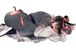 1boy all_fours androgynous animal_ears ass ass_cutout black_boots black_hair black_hanfu black_robe boots chinese_clothes clothing_cutout full_body hair_ornament hair_ribbon hanfu highres illl202_2 kemonomimi_mode long_hair long_sleeves looking_at_viewer lying male_focus modao_zushi on_stomach open_mouth ponytail purple_eyes rabbit_boy rabbit_ears rabbit_tail red_ribbon ribbon robe shoe_soles simple_background sleeves_past_wrists smile solo tail tassel tassel_hair_ornament wei_wuxian white_background wide_sleeves
