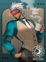 1boy ace_attorney artist_name black_pants coffee coffee_mug copyright_request cup dark_skin diego_armando eye_mask facial_hair godot_(ace_attorney) green_shirt male_focus mug necktie pants shirt signature solo striped_clothes striped_vest twitter_username vertical-striped_clothes vertical-striped_vest vest white_hair white_necktie yoru_tsuki12
