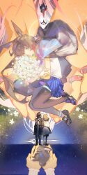 1other 2girls absurdres amiya_(arknights) animal_ears anklet arknights black_coat black_shoes blue_eyes bouquet brown_hair brown_pantyhose brown_tail chinese_commentary coat commentary_request cupping_hands doctor_(arknights) flower hands_in_pockets hewu639356 highres holding hood hood_up hooded_coat jacket jewelry light_particles long_hair long_sleeves looking_at_viewer lying medium_hair multiple_girls multiple_rings own_hands_together pantyhose priestess_(arknights) ring shoes surreal tail thighlet white_flower white_jacket