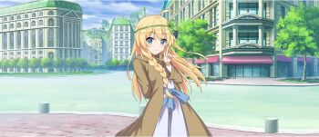 Rule 34 | 1girl, ahoge, arched back, arm behind back, blonde hair, blue eyes, blue sash, braid, brown robe, building, closed mouth, cloud, cloudy sky, cowboy shot, day, dress, food-themed hair ornament, game cg, grape hair ornament, green hairband, hair between eyes, hair ornament, hairband, highres, index finger raised, iris (konosuba), kono subarashii sekai ni shukufuku wo!, konosuba! fantastic days, light blush, long dress, long hair, looking at viewer, official art, outdoors, road, robe, sash, side braid, sky, smile, solo, standing, street, tachi-e, tree, waist sash, white dress