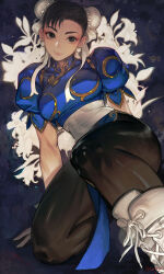 1girl black_hair breasts brown_eyes brown_hair bun_cover capcom china_dress chinese_clothes chun-li double_bun dress earrings hair_bun highres jewelry large_breasts looking_at_viewer morry pantyhose pelvic_curtain short_hair solo street_fighter thick_thighs thighs