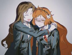 Rule 34 | 2girls, black coat, black pants, black vest, closed eyes, coat, collared shirt, freckles, green eyes, hug, ishmael (project moon), limbus company, long hair, multiple girls, necktie, open mouth, orange hair, pants, project moon, red necktie, rodion (project moon), shaded face, shirt, sidelocks, smile, sweat, upper body, very long hair, vest, white shirt, wing collar, zhizhizi