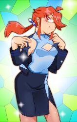 Rule 34 | antenna hair, arms up, black jacket, black skirt, breasts, glass, glasses, jacket, looking at viewer, lorelei (pokemon), medium breasts, nintendo, onnaski, orange eyes, orange hair, pokemon, pokemon oras, ponytail, shirt, skirt, sleeveless, sleeveless shirt, smile, standing