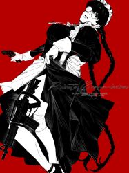 Rule 34 | 1girl, absurdres, ak-47, apron, assault rifle, black dress, black hair, black lagoon, braid, clothes lift, dress, gun, highres, holding, holding gun, holding weapon, kalashnikov rifle, long hair, looking at viewer, maid, mustardleafp, rifle, roberta (black lagoon), round eyewear, skirt, skirt lift, solo, thighhighs, twin braids, weapon, white thighhighs