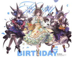 1girl alternate_hairstyle animal_ears bird black_hair blush boots breasts collarbone commentary_request dagger full_body hair_ornament hair_over_one_eye halloween_costume happy_birthday hat heart heart_hands highres horse_ears horse_girl knife long_hair looking_at_viewer low_twintails official_alternate_costume open_mouth purple_eyes ribbon rice_shower_(make_up_vampire!)_(umamusume) rice_shower_(umamusume) rice_shower_(yummy_dreamy_fairy)_(umamusume) small_breasts twintails umamusume weapon welchino white_background
