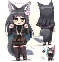 Rule 34 | &gt; &lt;, 1girl, animal ear fluff, animal ears, arm wrap, beat saber, bellflower, black capelet, black dress, black hair, blue lightsaber, blunt bangs, capelet, chibi, commentary request, dress, energy sword, flower, fox ears, fox tail, from behind, full body, hands up, highres, kitsunegasaki tametsugu, lightsaber, long hair, notice lines, o-ring, o-ring top, open mouth, orange-bird, paw pose, raised eyebrows, red lightsaber, sidelocks, solo, sword, tail, teardrop, tenka hyakken, weapon, white background, yellow eyes
