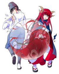 1boy 1girl black_hair black_hat black_sandals blue_cloak blue_pants blunt_bangs breasts cloak commentary_request dairi full_body gloom_(expression) hat highres holding_own_arm horns japanese_clothes kimono large_variant_set long_hair long_sleeves looking_at_viewer open_mouth orb pants parted_lips profile red_eyes red_hair red_skirt sandals shingyoku_(female) shingyoku_(male) shingyoku_(touhou) shirt short_hair sideways_glance simple_background skirt socks standing standing_on_one_leg sweatdrop tachi-e tate_eboshi torn_cloak torn_clothes torn_pants torn_shirt torn_skirt touhou touhou_(pc-98) transparent_background variant_set white_kimono white_shirt white_socks yin_yang yin_yang_orb