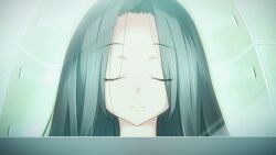 Rule 34 | 1girl, comatose, cryostasis pod, ears visible through hair, expressionless, fukuda tomonori, game cg, grey hair, hair down, highres, long hair, lying, non-web source, nostrils, official art, on back, robotics;notes, shiny lips, sleeping, solo, yukifune airi