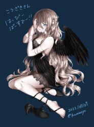 Rule 34 | 1girl, bandaged arm, bandaged head, bandages, barefoot, bird wings, black dress, black shoes, black wings, blonde hair, blue background, blue eyes, breasts, cleavage, commentary request, crying, crying with eyes open, dated, dress, feathered wings, highres, jewelry, long hair, looking at viewer, moniyo, necklace, open mouth, original, shoes, simple background, single shoe, sitting, smile, solo, strapless, strapless dress, tears, toes, translation request, twitter username, unworn shoes, very long hair, wings