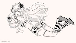 Rule 34 | &gt; &lt;, 1girl, :d, ^ ^, animal, animal ears, animal hug, animal print, bare shoulders, blush, brown background, closed eyes, full body, fur-trimmed shorts, fur trim, hair ornament, highres, hololive, horns, lightning bolt, lightning bolt hair ornament, lightning bolt symbol, loose socks, monochrome, official art, open mouth, print shorts, print socks, rino cnc, sheep, sheep ears, sheep girl, sheep horns, shoes, short shorts, shorts, simple background, smile, socks, tiger print, tsunomaki watame, virtual youtuber, xd