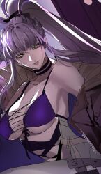 1girl armpits bai_yi_(path_to_nowhere) bare_shoulders bikini black_bandages black_choker bodysuit braid breasts choker cleavage commentary_request grey_bodysuit grey_hair high_ponytail highres hs_winny jacket large_breasts long_hair looking_to_the_side off_shoulder open_clothes open_jacket parted_lips path_to_nowhere ponytail purple_bikini side_braid sidelocks solo swimsuit underboob yellow_eyes