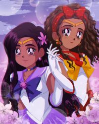 1990s_(style) 2girls alternate_costume bishoujo_senshi_sailor_moon bow brenni_murasaki brown_eyes brown_hair choker dark-skinned_female dark_skin dress earrings encanto flower hair_flower hair_ornament highres isabela_madrigal jewelry long_hair multiple_girls parody retro_artstyle