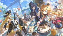 3girls 4boys absurdres ahoge ajaw_(genshin_impact) black_boots black_dress black_hat blonde_hair blue_eyes blue_gemstone blue_sky boots bum_hico cacucu chef chef_hat closed_mouth cloud cloudy_sky commentary dress drill_hair drill_sidelocks english_commentary escoffier_(genshin_impact) feathers flower fork_hair_ornament furina_(genshin_impact) gem genshin_impact hat hat_feather hat_flower highres ifa_(genshin_impact) kinich_(genshin_impact) long_hair multiple_boys multiple_girls navia_(genshin_impact) open_mouth ororon_(genshin_impact) outdoors rose second-party_source sidelocks sky smile thigh_boots twin_drills white_dress white_feathers white_hat white_wrist_cuffs wriothesley_(genshin_impact) wrist_cuffs yellow_flower yellow_rose