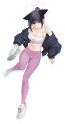 1girl absurdres alternate_costume animal_ears bare_shoulders black_hair blue_archive blush breasts cat_ears extra_ears full_body halo highres jacket kazusa_(blue_archive) looking_at_viewer mannen_junyuuki midriff multicolored_hair navel off_shoulder open_clothes open_jacket pants pink_hair shoes short_hair simple_background sneakers solo sports_bra sportswear stomach two-tone_hair white_sports_bra yoga_pants