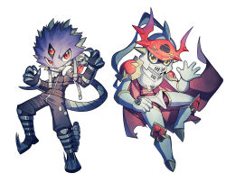 2boys absurdres armor bandana bandana_around_arm beelzebumon black_jacket black_pants blonde_hair cape chibi cropped_jacket demon_tail digimon digimon_(creature) dukemon eye_mask fang full_body fur-trimmed_jacket fur_trim highres illisin jacket knight looking_at_viewer male_focus multiple_boys pants purple_mask red_bandana red_cape red_eyes short_hair shoulder_armor smile spiked_hair tail third_eye waving white_armor yellow_eyes