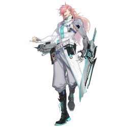 1boy arm_blade artist_request black_boots boots closed_eyes game_cg girls&#039;_frontline girls&#039;_frontline_neural_cloud grey_pants highres lace-up_boots male_focus mechanical_arms muscular muscular_male official_art pants pink_hair ponytail salmon_(neural_cloud) sharp_teeth single_mechanical_arm solo tachi-e teeth third-party_source transparent_background weapon