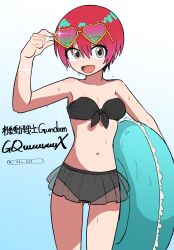 Rule 34 | 1girl, absurdres, adjusting eyewear, amate yuzuriha, aqua eyes, bikini, bikini skirt, black bikini, breasts, commentary, copyright name, cowboy shot, eyewear on head, frilled bikini, frills, gradient background, gundam, gundam gquuuuuux, heart, heart-shaped eyewear, highres, holding, holding swim ring, innertube, kaju 4, looking at viewer, navel, open mouth, red hair, short hair, smile, solo, strapless, strapless bikini, sunglasses, swim ring, swimsuit, water, wet