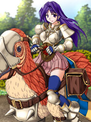 1girl armor armored_boots bird blue_thighhighs boobplate boots breastplate brown_bag chainmail closed_mouth commentary_request cross cross_of_prontera full_body holding holding_reins long_hair looking_at_viewer lord_knight_(ragnarok_online) miniskirt outdoors pauldrons pink_skirt pleated_skirt purple_eyes purple_hair ragnarok_online reins riding riding_bird shoulder_armor skirt smile solo spiked_gauntlets tatsumi_ray thighhighs