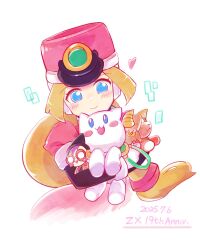 Rule 34 | 1girl, anniversary, blonde hair, blue eyes, coat, dated, hat, heart, holding, holding stuffed toy, mega man (series), mega man zx, pink coat, pink hat, prairie (mega man), robot ears, shako cap, simple background, smile, solo, stuffed animal, stuffed cat, stuffed toy, teto (y3832), upper body, white background