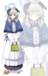 1girl absurdres alternate_costume animal_ears bag black_eyes blue_archive blue_capelet blue_halo blush bow brown_hair capelet closed_eyes commentary_request dog_ears dog_girl dress full_body hair_bow halo handbag highres holding holding_bag layered_dress long_hair long_sleeves looking_at_viewer patanda puffy_long_sleeves puffy_sleeves simple_background sleeves_past_wrists smile solo umika_(blue_archive) white_background white_bow white_dress zoom_layer