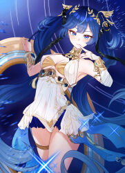 1girl bare_shoulders blue_eyes blue_hair breasts chinese_commentary closed_mouth commentary_request covered_navel dress finger_to_mouth gradient_hair hair_ornament head_wreath high_heels highres holding iuno_(wuthering_waves) jewelry jj_juju0529 light_blush long_hair multicolored_hair partial_commentary ring solo streaked_hair thighlet thighs twintails underboob very_long_hair white_dress wuthering_waves