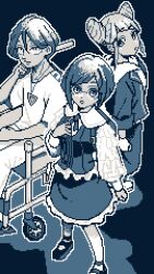 1boy 2girls aquila_0316 backpack bag blue_background blue_theme closed_mouth collared_shirt commentary_request cone_hair_bun double_bun frilled_shirt frilled_sleeves frills fukurai_azami full_body glasses hair_bun highres jasmine_(toshi_densetsu_kaitai_center) long_sleeves looking_at_viewer meguriya_ayumu monochrome multiple_girls open_mouth pants pantyhose pixel_art shirt shoes short_hair sitting skirt smile standing toshi_densetsu_kaitai_center triangle_necklace wheelchair