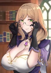1girl absurdres black_gloves blush breasts brown_hair cleavage cleavage_cutout clothing_cutout genshin_impact glasses gloves green_eyes hans-kun highres indoors jewelry large_breasts library lisa_(genshin_impact) long_hair looking_at_viewer necklace solo