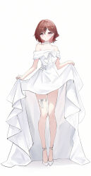 1girl absurdres brown_hair dress hair_ornament hairclip highres higuchi_madoka idolmaster idolmaster_shiny_colors short_hair simple_background solo usagi_(786113654) wedding_dress white_background white_dress