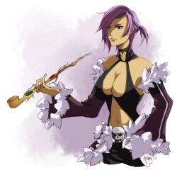 1girl black_shorts black_tank_top braid breasts cleavage closed_mouth clothing_cutout dark-skinned_female dark_skin detached_sleeves expressionless fumiddition fur-trimmed_sleeves fur_trim grey_eyes highres holding holding_smoking_pipe large_breasts looking_afar navel purple_hair purple_sleeves ragnarok_online short_hair shorts skull smoking_pipe solo stalker_(ragnarok_online) stomach_cutout tank_top upper_body white_background