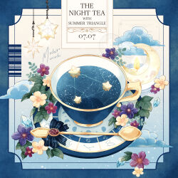 artist_name barcode blue_border border cloud crescent_moon crystal cup english_text flower highres mashiro_musashi moon no_humans original purple_flower saucer signature spoon star_(sky) still_life teacup yellow_flower zodiac_wheel