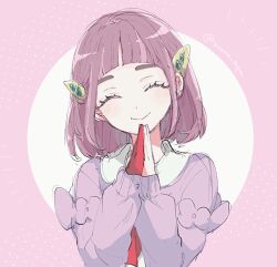 Rule 34 | 1girl, arched bangs, cardigan, closed eyes, closed mouth, collared shirt, commentary request, eyelashes, facing viewer, gloves, hair ornament, hairclip, hands up, lacey (pokemon), long sleeves, medium hair, nintendo, own hands together, pokemon, pokemon sv, purple cardigan, purple hair, red gloves, shinogo no, shirt, single glove, smile, solo, upper body, white shirt