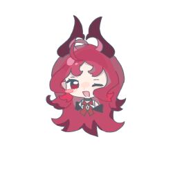 Rule 34 | 1girl, ahoge, arknights, bare shoulders, black choker, black sleeves, blush stickers, bow, bowtie, chinese commentary, choker, commentary request, cropped torso, detached sleeves, dot nose, dragon horns, eyelashes, happy, highres, horns, light blush, lock, long hair, looking at viewer, nymph (arknights), one eye closed, open mouth, padlock, pink hair, pointy ears, purple horns, qianwa shi biao, red bow, red bowtie, red eyes, shirt, simple background, single blush sticker, sleeveless, sleeveless shirt, smile, solo, white background, white shirt