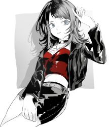 Rule 34 | 1girl, bang dream!, bang dream! it&#039;s mygo!!!!!, belt, belt buckle, black choker, black hair, black jacket, black skirt, blue eyes, breasts, buckle, choker, cleavage, closed mouth, commentary request, cowboy shot, crop top, curled fingers, grey background, hand on own head, hand on own leg, hand up, highres, jacket, jewelry, kkkawa rin, leaning back, lips, long sleeves, looking to the side, medium breasts, medium hair, midriff, miniskirt, navel, necklace, o-ring, o-ring choker, open clothes, open jacket, red shirt, shadow, shirt, sidelighting, skirt, solo, spot color, swept bangs, three quarter view, two-tone background, white background, yahata umiri