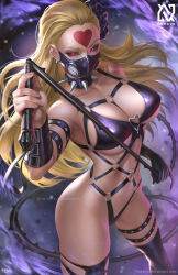 1girl artist_name black_flower black_gloves blonde_hair breasts collar dominatrix ear_piercing flower forehead_tattoo gloves hair_flower hair_ornament heart heart_tattoo highres holding holding_whip kaijin_hime_do-s large_breasts latex long_hair mask mouth_mask navel nopeys one-punch_man piercing red_eyes revealing_clothes signature single_glove solo spiked_collar spikes tattoo watermark web_address