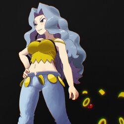 1girl black_background blue_eyes blue_hair breasts camisole colored_sclera gen_2_pokemon glowing highres kaeru_boiler karen_(pokemon) long_hair midriff navel nintendo pokemon pokemon_(creature) pokemon_hgss red_sclera standing umbreon yellow_camisole