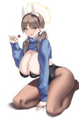 1girl absurdres animal_ears black_leotard black_pantyhose blue_archive blue_sweater blush breasts candy clothes_lift crimecrime embarrassed fake_animal_ears food full_body hair_ornament half-closed_eyes halo highres holding holding_candy holding_food holding_lollipop huge_breasts kneeling leotard light_brown_hair lollipop long_hair moe_(blue_archive) open_mouth pantyhose playboy_bunny pointy_breasts pom_pom_(clothes) pom_pom_hair_ornament rabbit_ears sagging_breasts simple_background solo strapless strapless_leotard sweat sweater twintails two-tone_skirt wavy_mouth white_background yellow_eyes