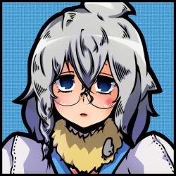 1girl blue_background blue_eyes blush braid commentary_request expressionless fur_collar glasses looking_at_viewer lowres medium_hair official_alternate_costume open_mouth portrait ragnarok_iris ragnarok_online rimless_eyewear side_braid single_braid solo sorcerer_(ragnarok_online) upper_body