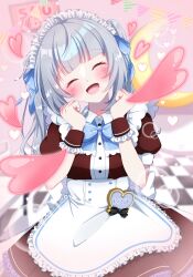 1girl :d ^_^ apron blurry blurry_background blush bow checkered_floor closed_eyes dress facing_viewer frilled_apron frills heart highres iroha_wds long_hair maid_headdress open_mouth ribbon senju_iroha short_sleeves smile solo white_apron world_dai_star wrist_cuffs