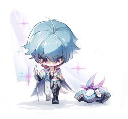 1boy black_boots blue_hair blue_shirt boots brant_(wuthering_waves) chibi chibi_only chinese_commentary collarbone commentary_request hat highres holding holding_sword holding_weapon huqu_(huqu45712) knee_boots kneeling looking_down male_focus open_clothes open_shirt pants purple_eyes shirt short_hair solo sword tricorne unworn_hat unworn_headwear weapon white_pants wuthering_waves
