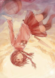 1girl 2012 artist_name braid brown_eyes brown_hair cloud commentary_request duplicate falling jellymog knife long_sleeves madotsuki pink_shirt pleated_skirt shirt skirt sky solo thighhighs twin_braids upside-down yume_nikki
