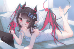 1girl bare_shoulders barefoot black_nails brown_hair couch demon_girl demon_horns demon_tail drawing_tablet dress glasses highres holding holding_pen horns ichita_(yixisama-shihaohaizhi) looking_at_viewer lying medium_hair on_stomach open_mouth original pen pointy_ears red_eyes solo strap_slip tail text_hair_ornament white_dress