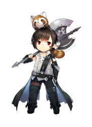 1boy animal animal_on_head axe boots choker closed_mouth elbow_gloves final_fantasy final_fantasy_xiv fingerless_gloves full_body gloves lalafell legs_apart looking_to_the_side male_focus on_head pointy_ears red_eyes red_panda saru sleeveless solo standing thigh_boots thighhighs warrior_(final_fantasy) white_background