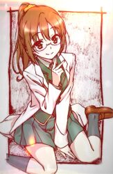 1girl between_legs black_socks blazer boku_wa_tomodachi_ga_sukunai brown_eyes brown_hair closed_mouth foot_out_of_frame glasses green_jacket green_skirt hair_ornament hair_scrunchie hand_between_legs high_ponytail highres jacket kneehighs lab_coat loafers long_hair long_sleeves looking_at_viewer pleated_skirt ponytail school_uniform scrunchie shiguma_rika shoes sitting skirt smile socks solo st._chronica_academy_school_uniform v wariza watanabe_yoshihiro winter_uniform yellow_scrunchie